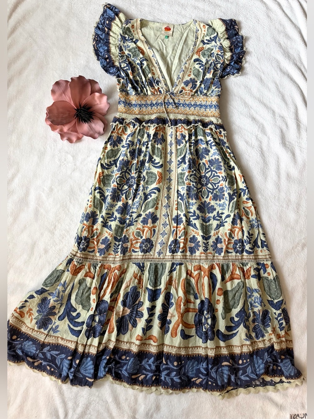 FARM Rio Ocean Tapestry Dress Embroidered Floral Mint Maxi X-Large